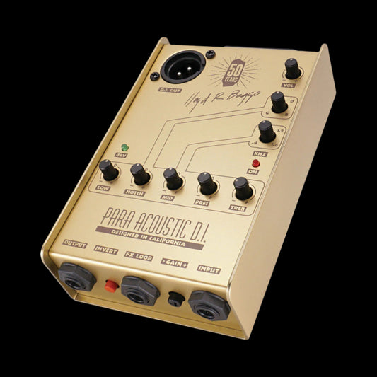 Gold effects pedal with control knobs and branding on a white background