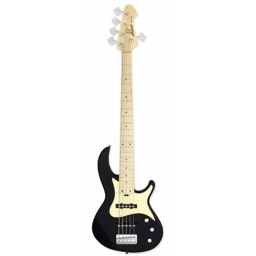 Aria RSB Series Pro-II 5-String Electric Bass Guitar in Black with Gold Pickguard