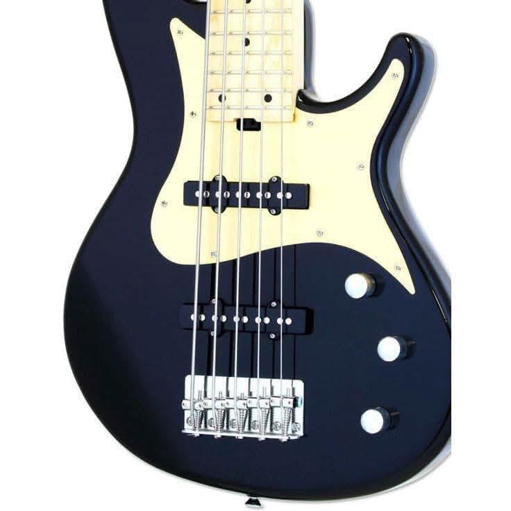 Aria RSB Series Pro-II 5-String Electric Bass Guitar in Black with Gold Pickguard
