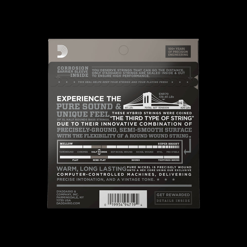 D'ADDARIO ENR70 HALF ROUND BASS GUITAR STRINGS, SUPER LIGHT, 40-95, LONG SCALE D'Addario Bass Guitar Strings