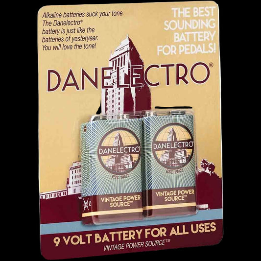Danelectro battery packaging with text and building illustration on a beige background