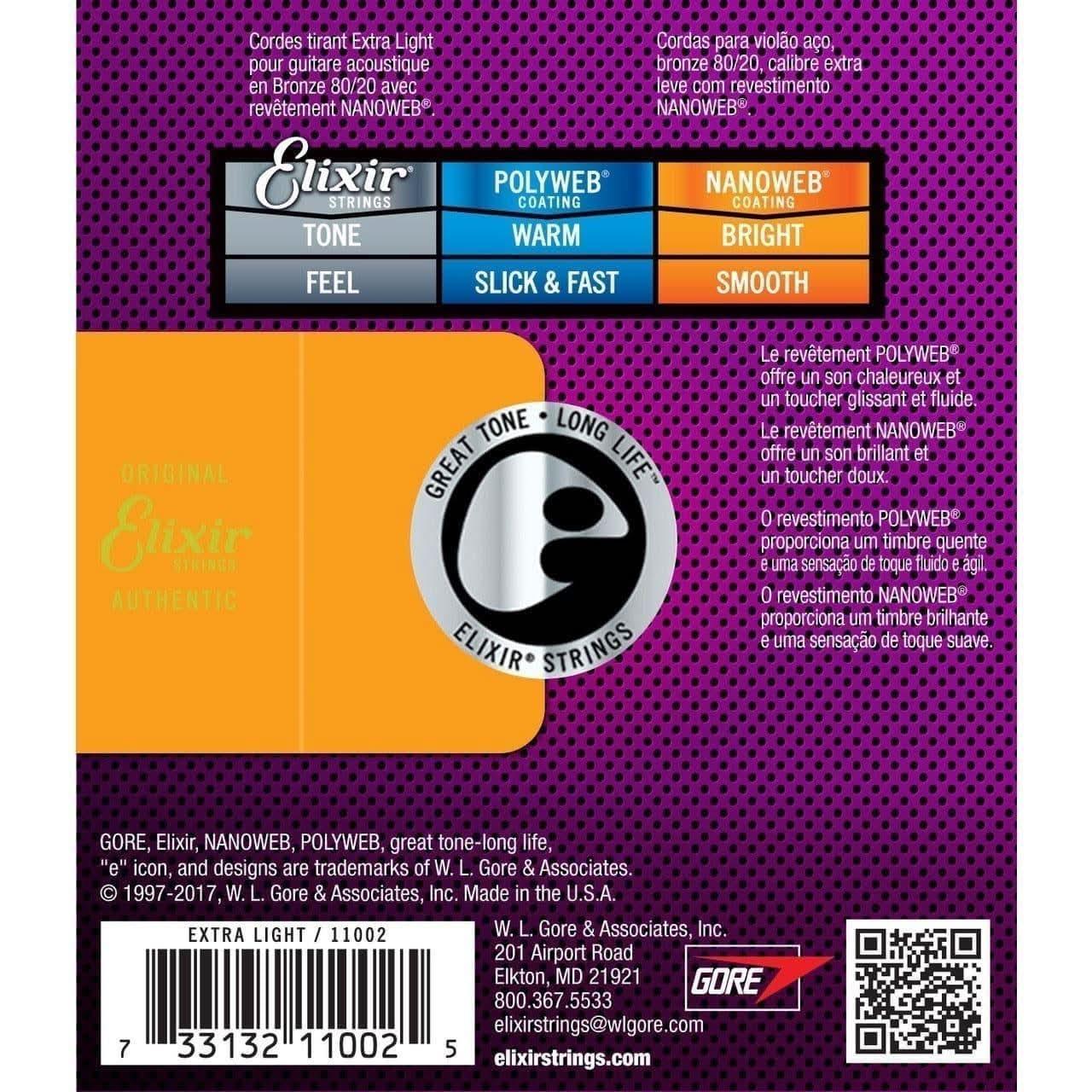 Elixir 11002 Nanoweb 80/20 Extra Light 10 - 47 Elixir Acoustic Guitar Strings