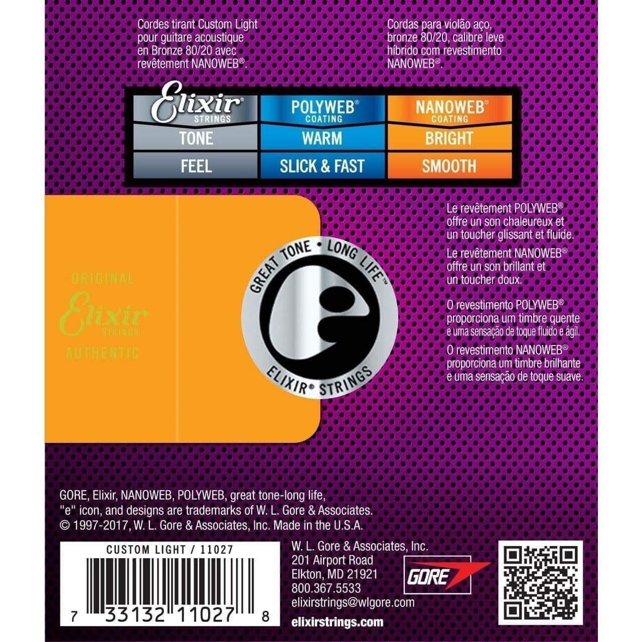 Elixir 11027 Nanoweb 80/20 Custom Light 11-52 Elixir Acoustic Guitar Strings