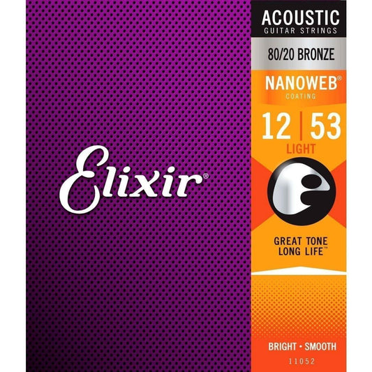 Elixir 11052 Nanoweb 80/20 Light 12-53 Elixir Acoustic Guitar Strings