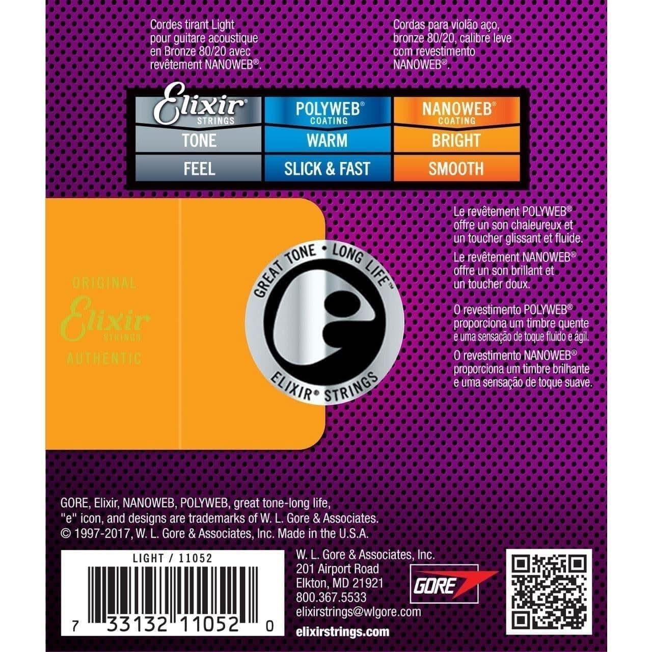 Elixir 11052 Nanoweb 80/20 Light 12-53 Elixir Acoustic Guitar Strings