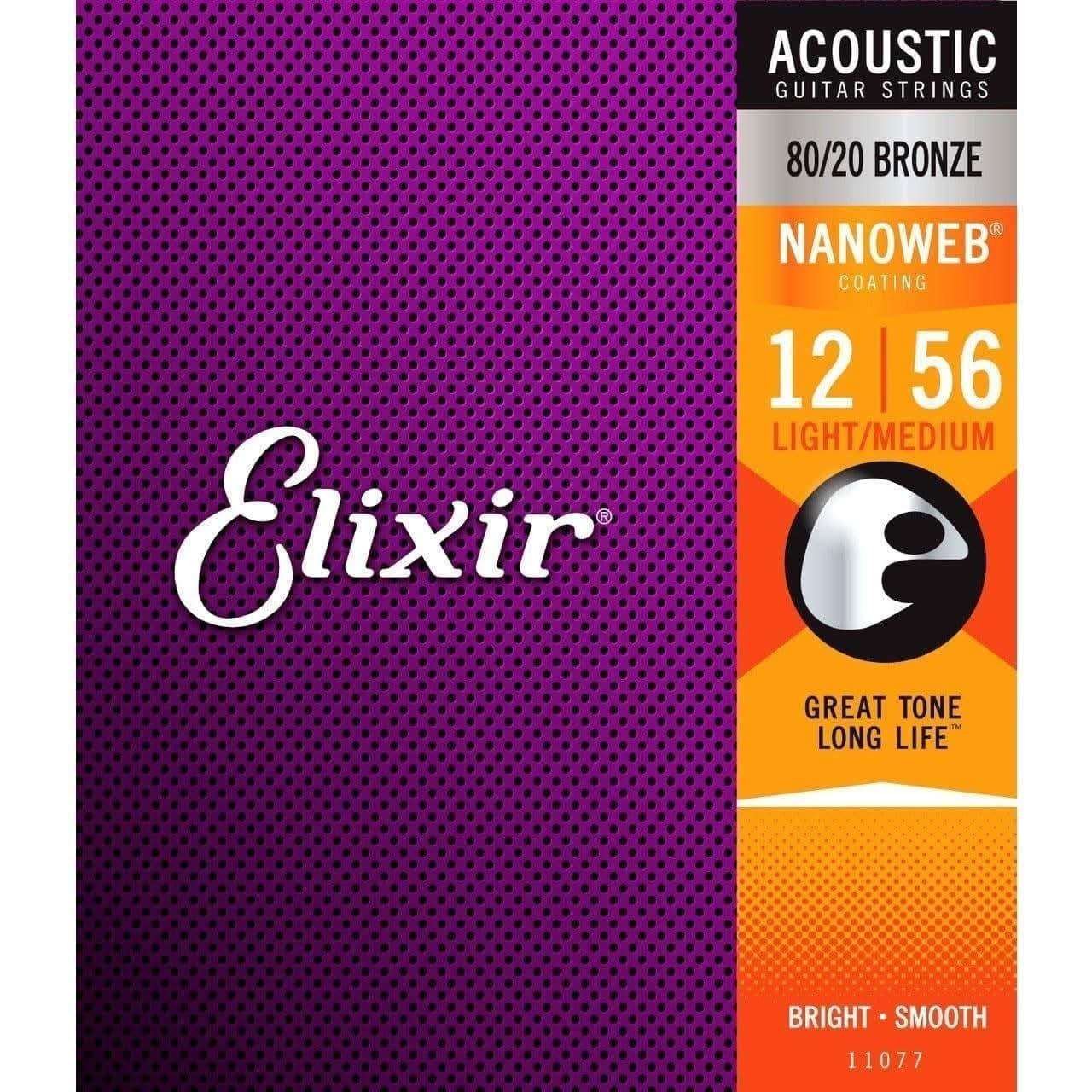 Elixir 11077 Nanoweb 80/20 Light-Med 12-56 Elixir Acoustic Guitar Strings