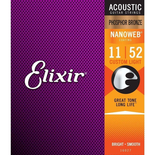 Elixir 16027 Nanoweb Phosphor Bronze Custom Light 11-52 Elixir Acoustic Guitar Strings