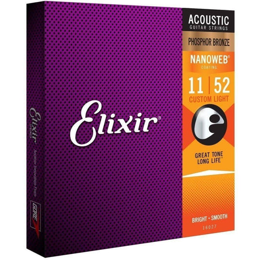 Elixir 16027 Nanoweb Phosphor Bronze Custom Light 11-52 Elixir Acoustic Guitar Strings
