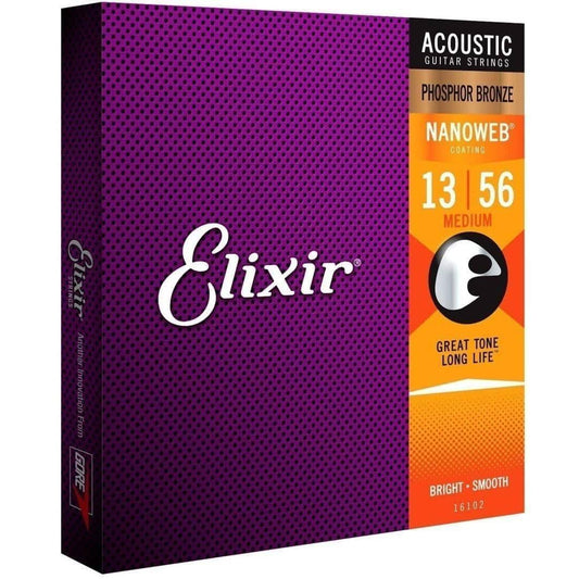 Elixir 16102 Nanoweb Phosphor Bronze Medium 13-56 Elixir Acoustic Guitar Strings