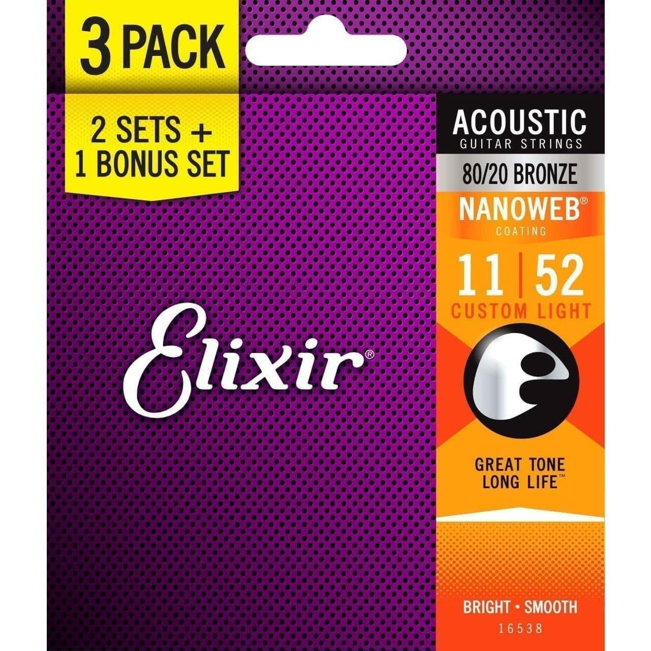 Elixir 16538 Nanoweb 80/20 11-52 3 Pack Custom Light Elixir Acoustic Guitar Strings