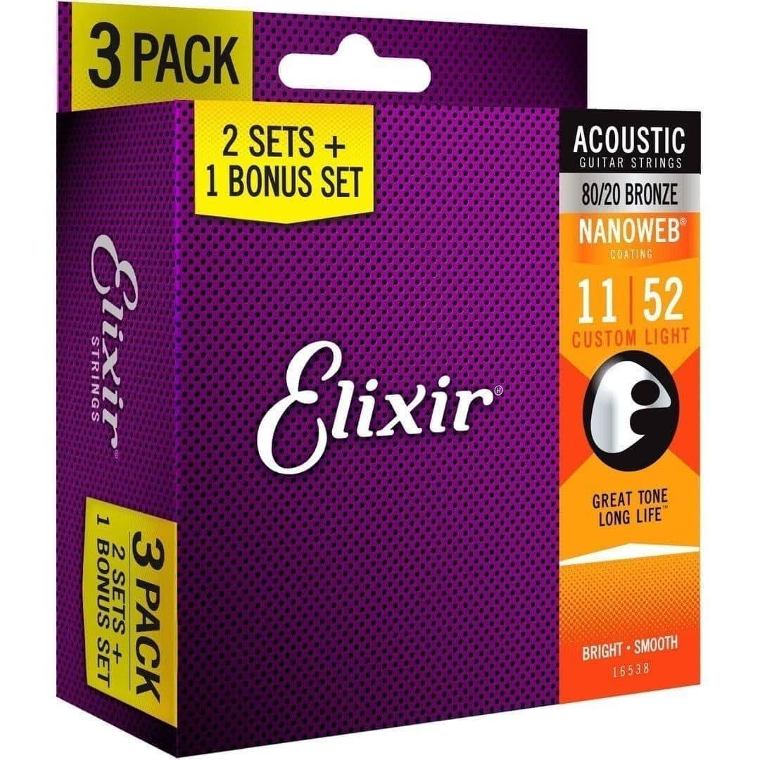 Elixir 16538 Nanoweb 80/20 11-52 3 Pack Custom Light Elixir Acoustic Guitar Strings