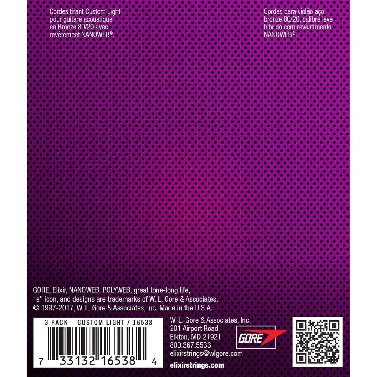 Elixir 16538 Nanoweb 80/20 11-52 3 Pack Custom Light Elixir Acoustic Guitar Strings