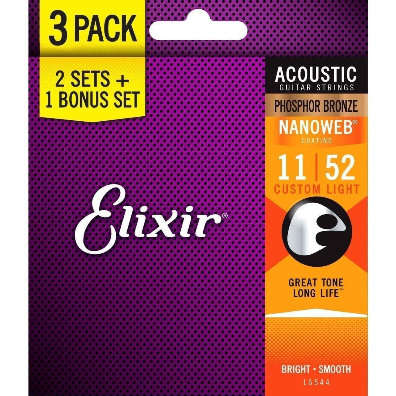Elixir 16544 Nanoweb Phosphor Bronze 11-52 3 Pack Custom Light Elixir Acoustic Guitar Strings
