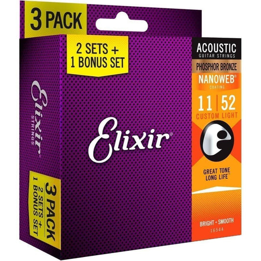 Elixir 16544 Nanoweb Phosphor Bronze 11-52 3 Pack Custom Light Elixir Acoustic Guitar Strings