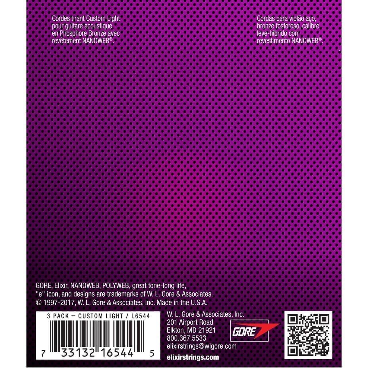 Elixir 16544 Nanoweb Phosphor Bronze 11-52 3 Pack Custom Light Elixir Acoustic Guitar Strings