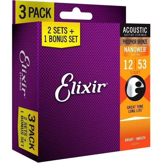 Elixir 16545 Nanoweb Phosphor Bronze 12-53 3 Pack Light Elixir Acoustic Guitar Strings