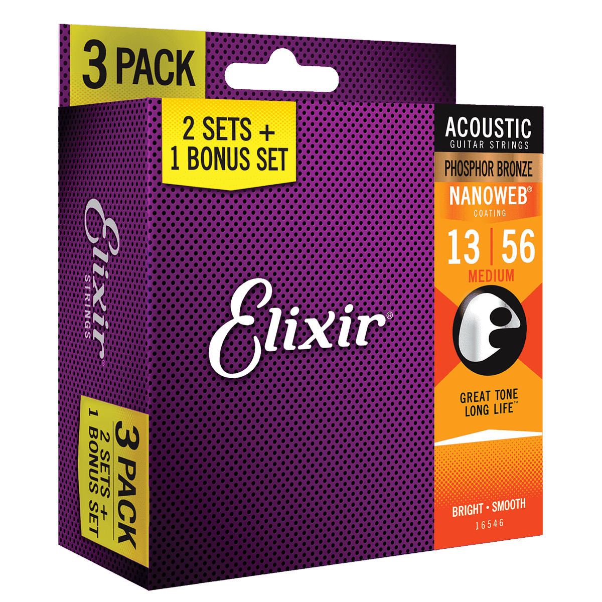 Elixir 16546 Nanoweb Phosphor Bronze 13-56 3 Pack Medium Elixir Acoustic Guitar Strings