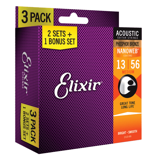 Elixir 16546 Nanoweb Phosphor Bronze 13-56 3 Pack Medium Elixir Acoustic Guitar Strings