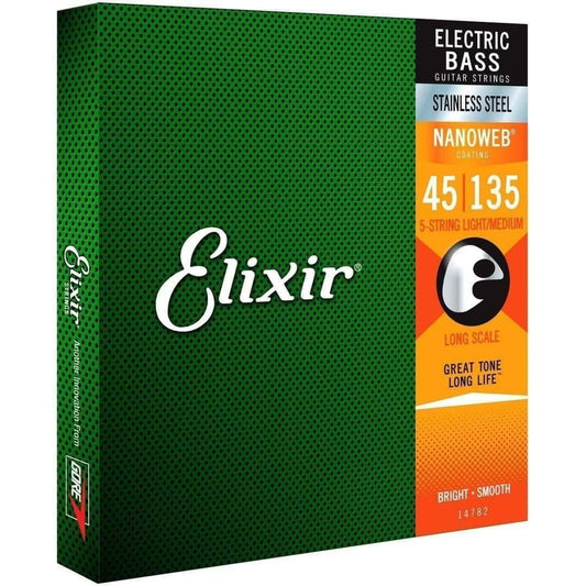 Elixir 14782 Nanoweb Bass Stainless Steel 5 String MED-L Elixir Bass Guitar Strings