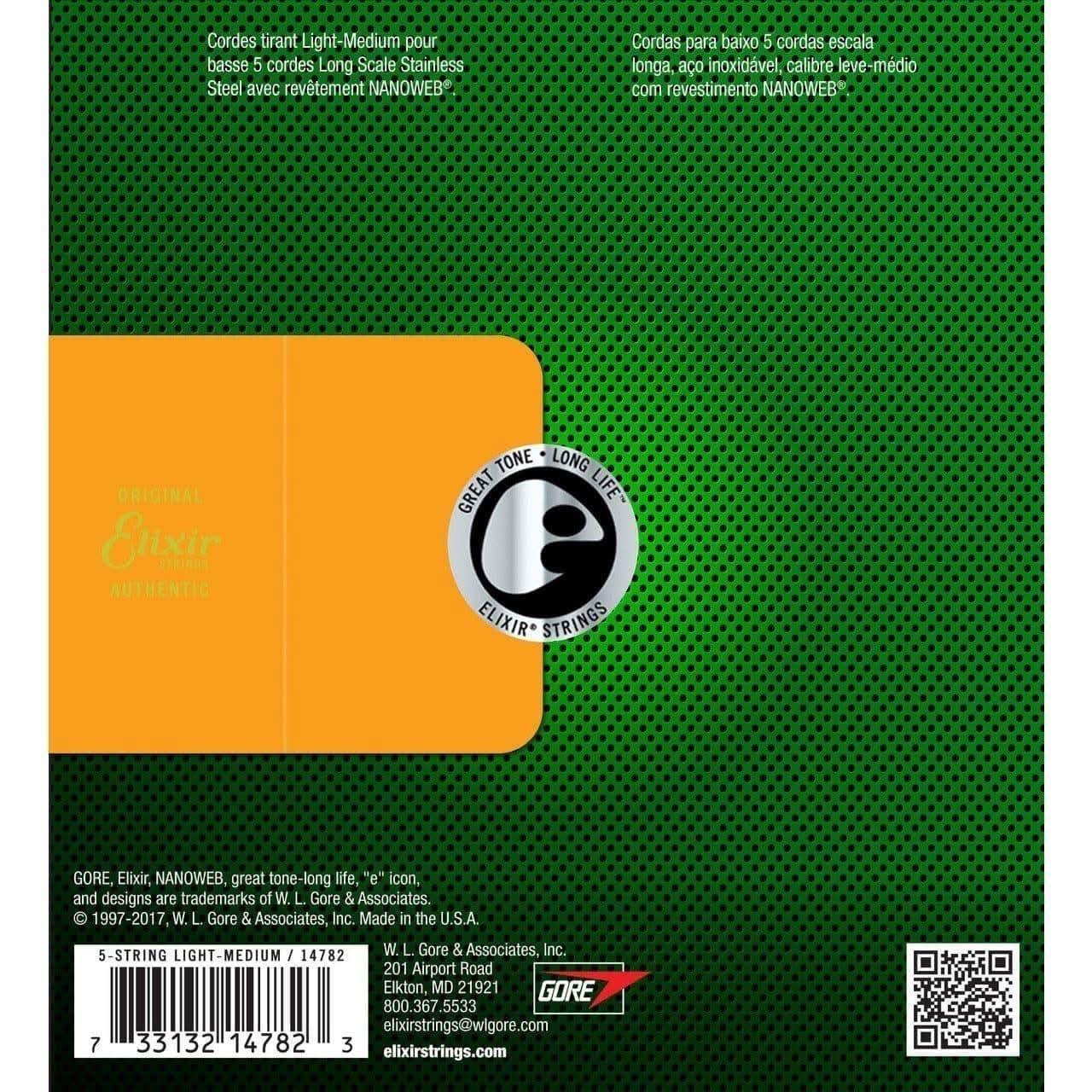 Elixir 14782 Nanoweb Bass Stainless Steel 5 String MED-L Elixir Bass Guitar Strings