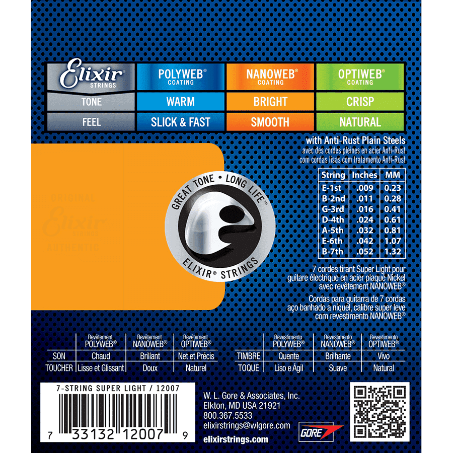 Elixir 12007 Nanoweb 7-String Electric Super Light 9-52 Elixir Electric Guitar Strings