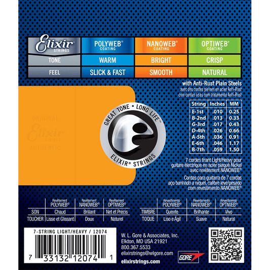 Elixir 12074 Nanoweb 7-String Electric Light-Med 10-59 Elixir Electric Guitar Strings