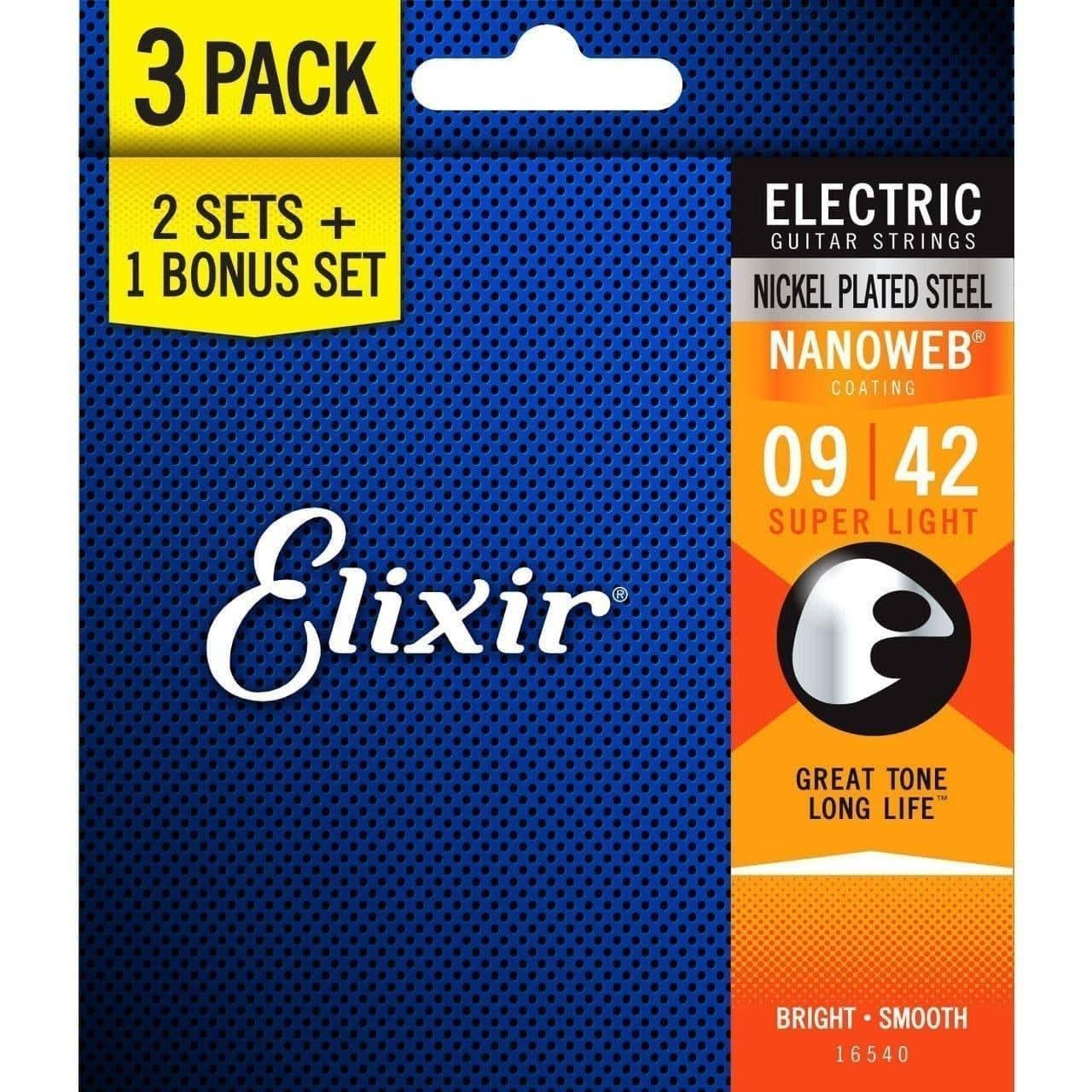 Elixir 16540 Nanoweb Electric 9-42 3 Pack Super Light Elixir Electric Guitar Strings