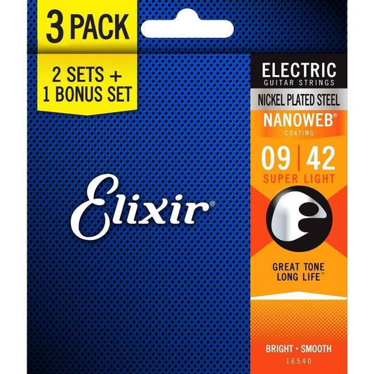 Elixir 16540 Nanoweb Electric 9-42 3 Pack Super Light Elixir Electric Guitar Strings