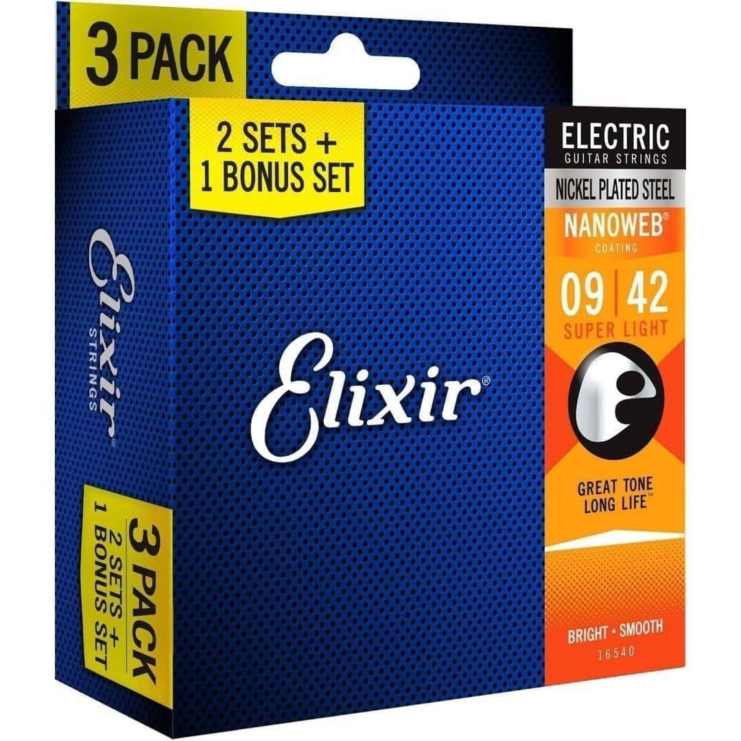Elixir 16540 Nanoweb Electric 9-42 3 Pack Super Light Elixir Electric Guitar Strings