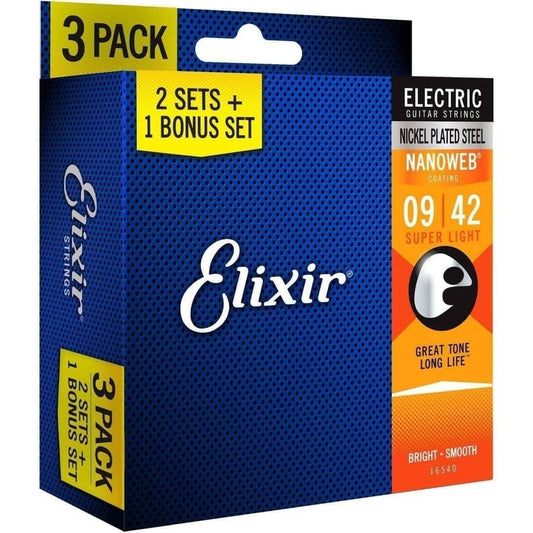 Elixir 16540 Nanoweb Electric 9-42 3 Pack Super Light Elixir Electric Guitar Strings