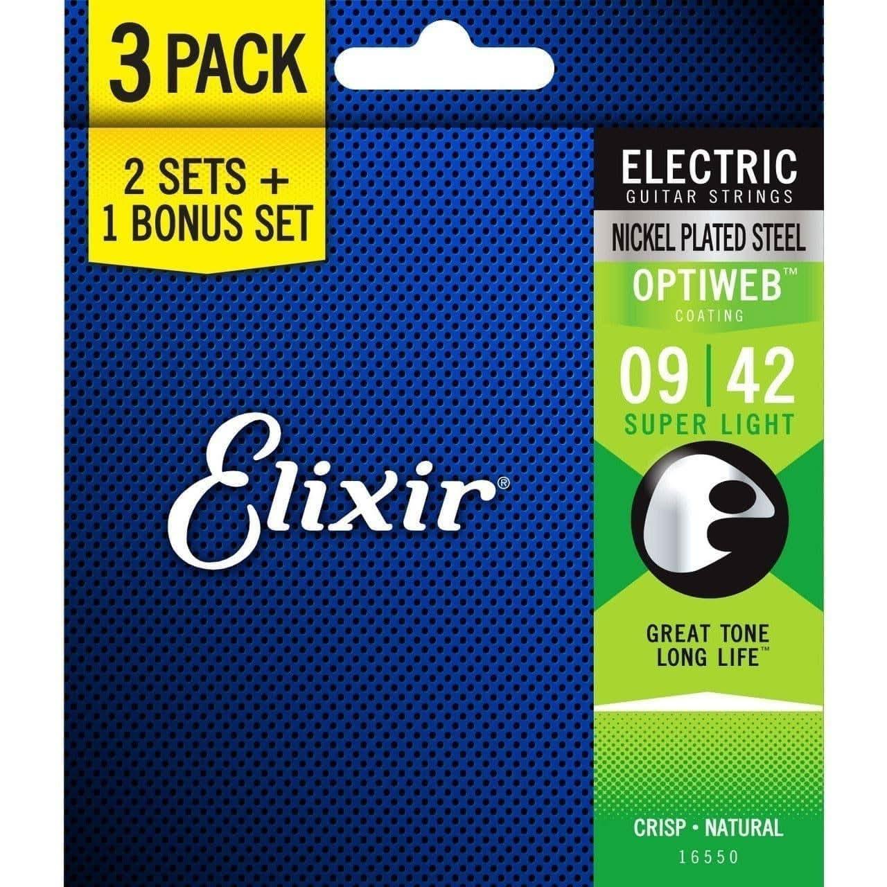 Elixir 16550 Optiweb Electric 9-42 3 Pack Super Light Elixir Electric Guitar Strings