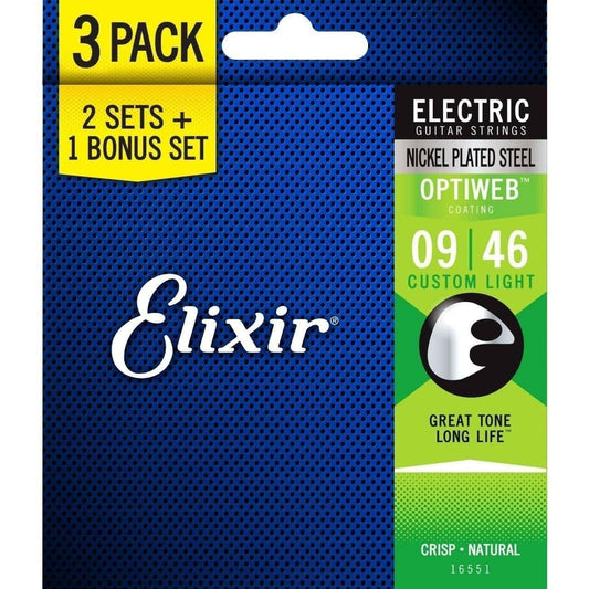 Elixir 16551 Optiweb Electric 9-46 3 Pack Custom Light Elixir Electric Guitar Strings