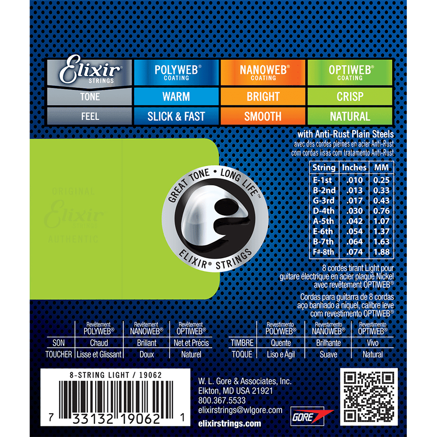 Elixir 19062 Optiweb 8-String Electric Light 10-74 Elixir Electric Guitar Strings