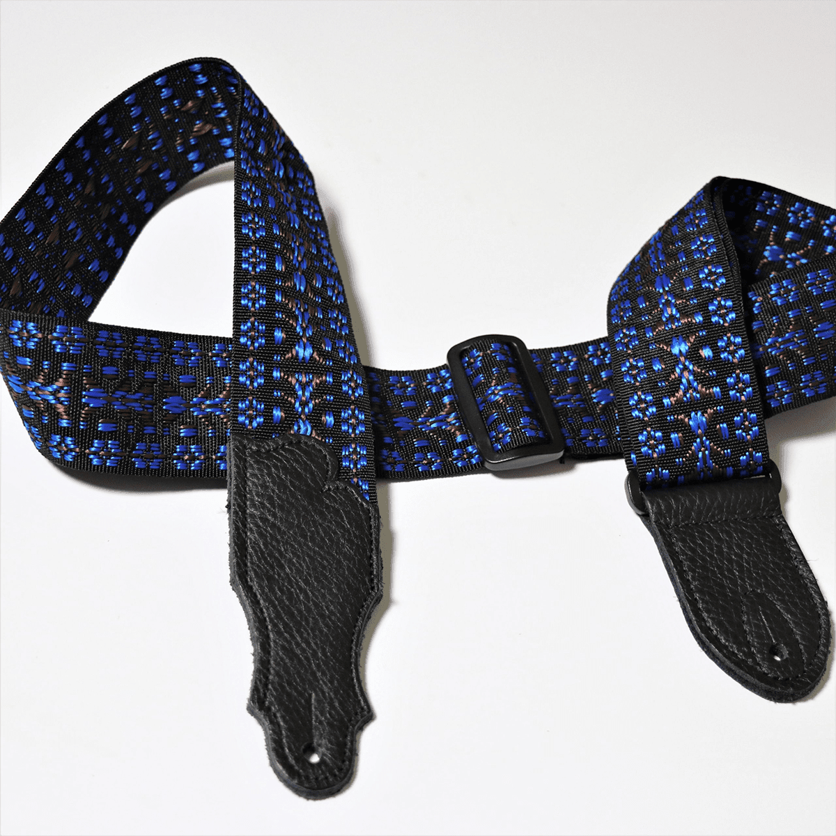 Franklin 2" Woven Nylon Folk Strap Blue with Pebbled Black Glove Leather End Tab Franklin Straps