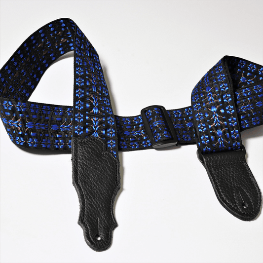 Franklin 2" Woven Nylon Folk Strap Blue with Pebbled Black Glove Leather End Tab Franklin Straps