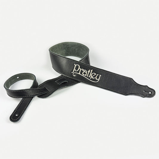 Pratley 2.5" Black Leather Strap with Suede Backing and embroidered logo Pratley Guitars Straps & Accessories