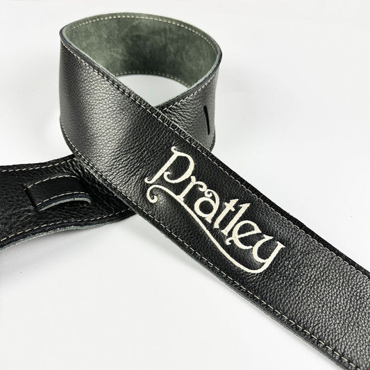 Pratley 2.5" Black Leather Strap with Suede Backing and embroidered logo Pratley Guitars Straps & Accessories