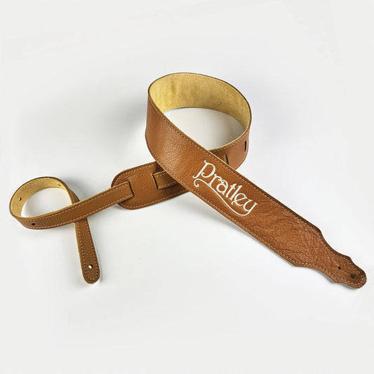 Pratley 2.5" Caramel Leather Strap with Suede Backing and embroidered logo Pratley Guitars Straps & Accessories