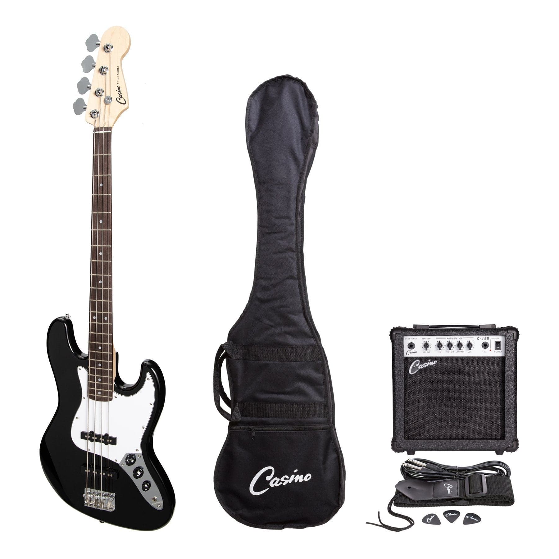 Casino J-Style Electric Bass Guitar and 15 Watt Amplifier Pack (Black) - GIG Guitars