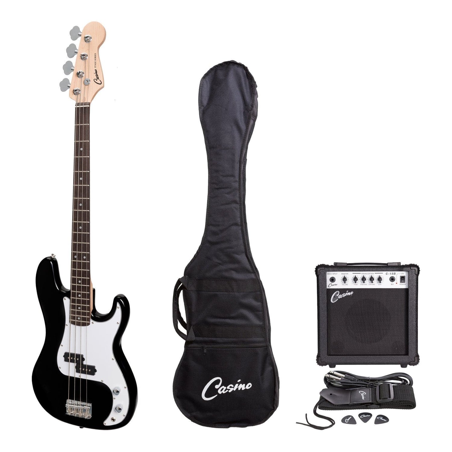 Casino P-Style Electric Bass Guitar and 15 Watt Amplifier Pack (Black) - GIG Guitars