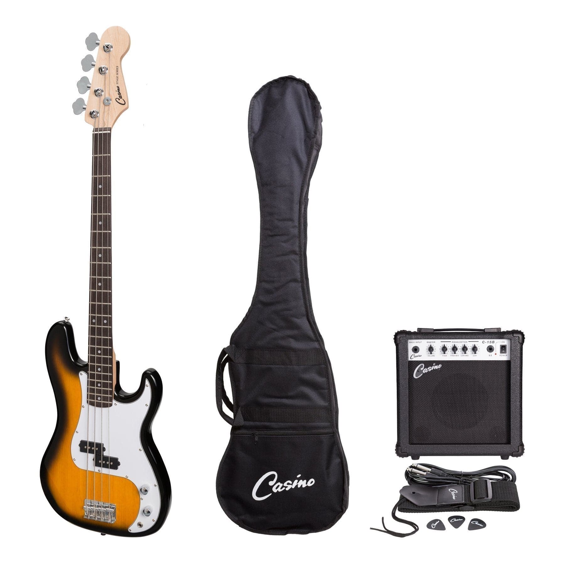 Casino P-Style Electric Bass Guitar and 15 Watt Amplifier Pack (Tobacco Burst) - GIG Guitars