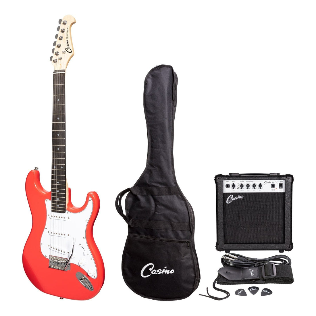 Casino ST-Style Electric Guitar and 10 Watt Amplifier Pack (Hot Lips Pink) - GIG Guitars