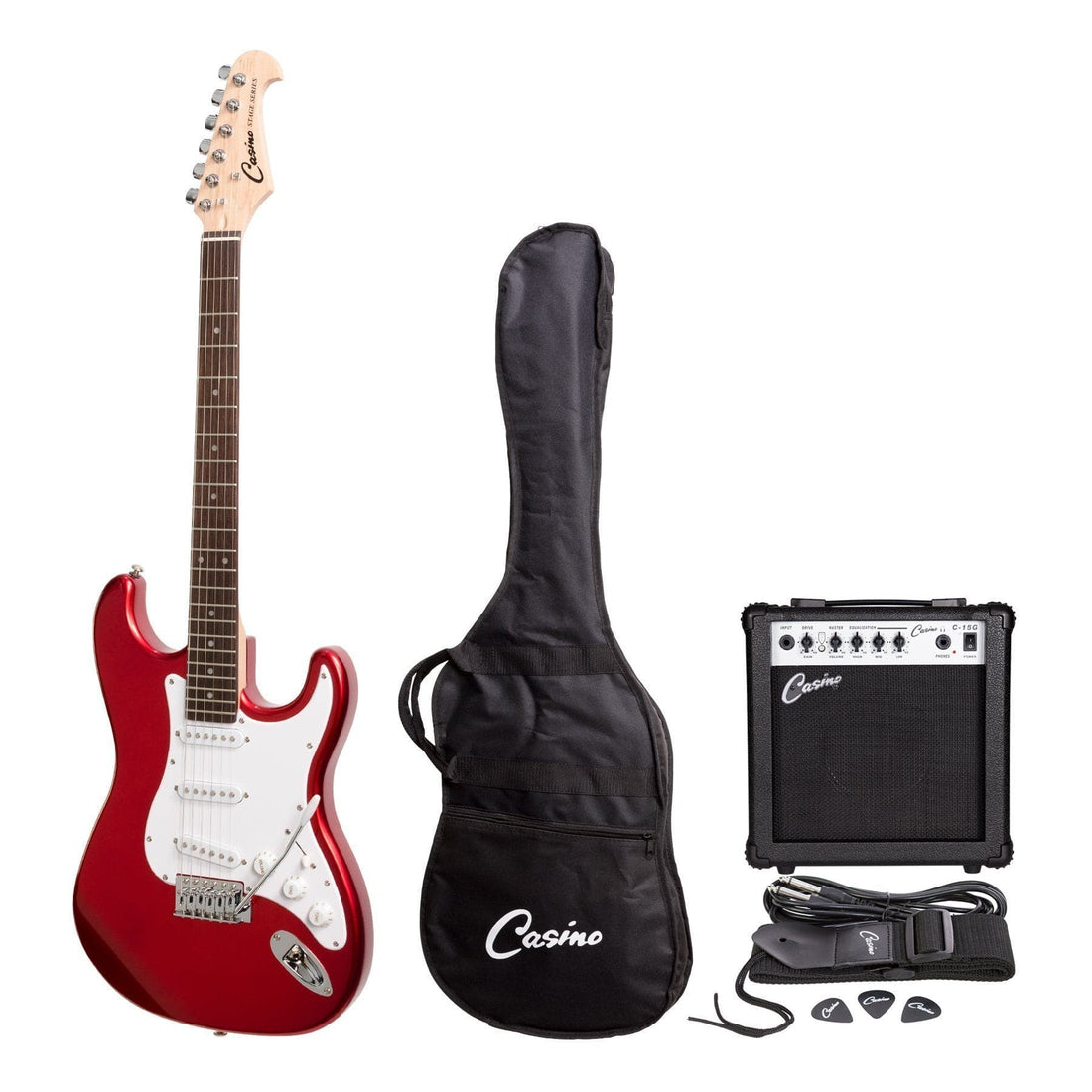 Casino ST-Style Electric Guitar and 15 Watt Amplifier Pack (Candy Apple Red) - GIG Guitars