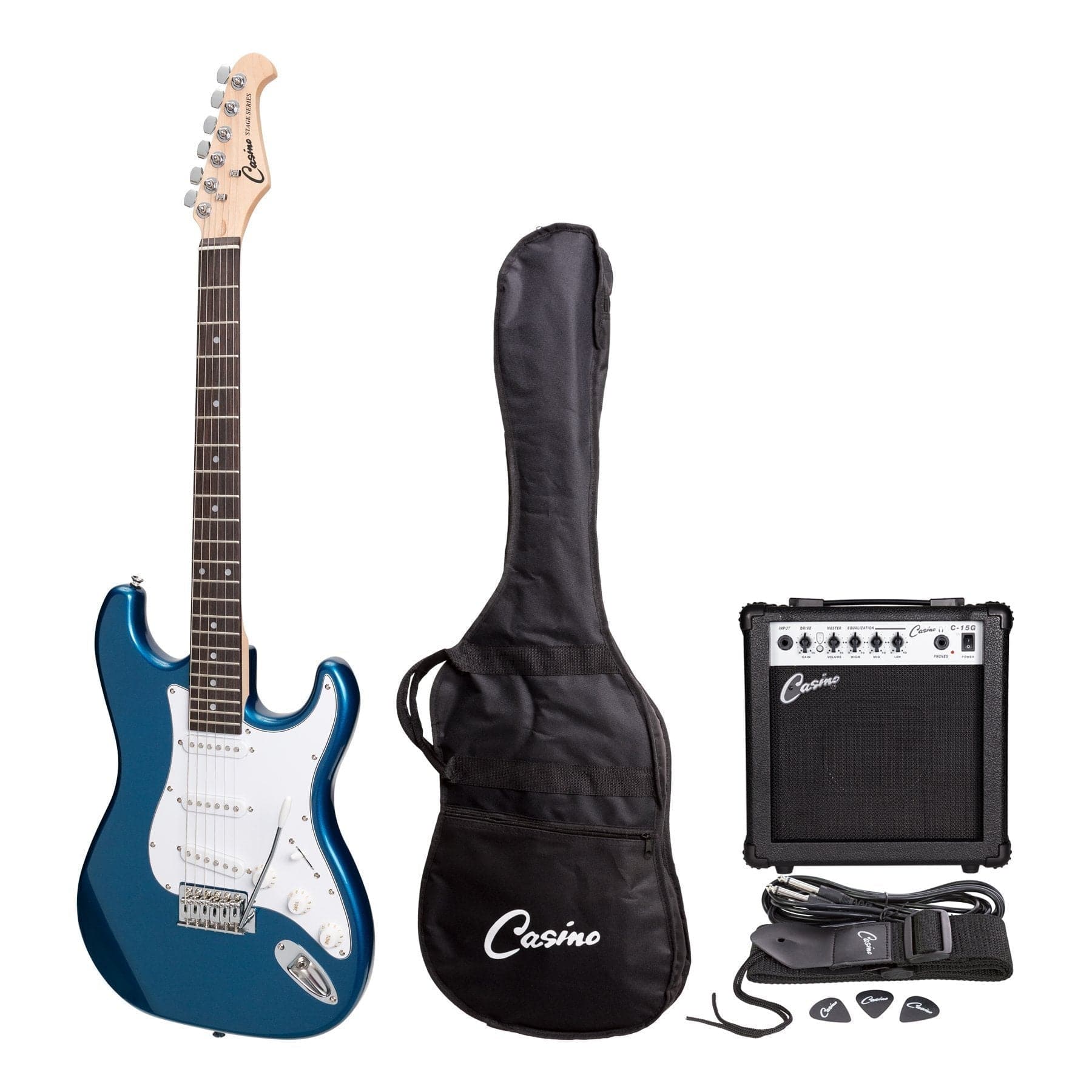 Casino ST-Style Electric Guitar and 15 Watt Amplifier Pack (Metallic Blue) - GIG Guitars