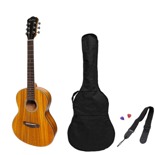 Martinez Acoustic 'Little-Mini' Folk Guitar Pack with Built-In Tuner (Koa) - GIG Guitars