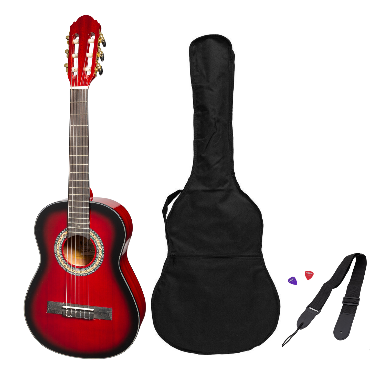 Martinez G-Series 3/4 Size Student Classical Guitar Pack with Built In Tuner (Trans Wine Red-Gloss) - GIG Guitars