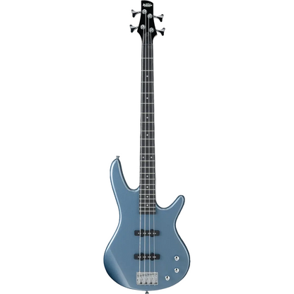 Blue electric bass guitar on a white background