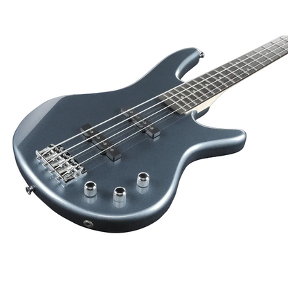 Blue electric bass guitar on a white background