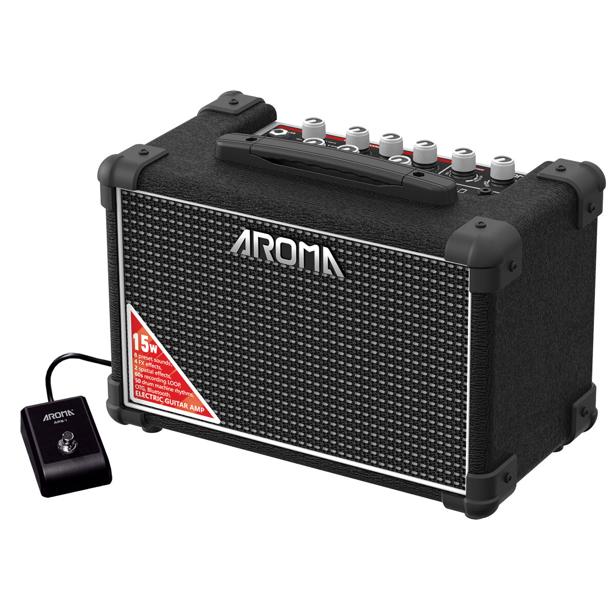Aroma 15W Black Electric Guitar Amplifier with Footswitch and Drum Machine