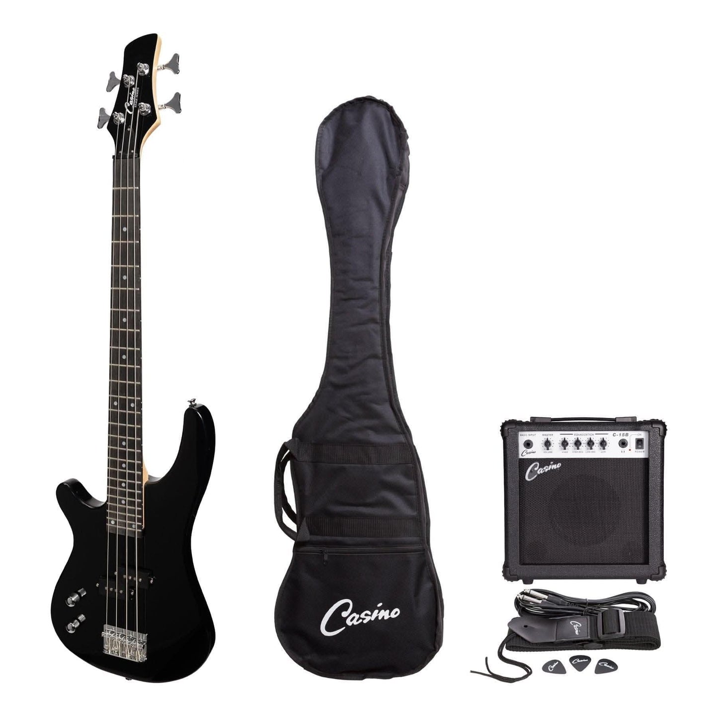 Casino '24 Series' Left Handed Short Scale Tune-Style Electric Bass Guitar and 15 Watt Amplifier Pack (Black) - GIG Guitars